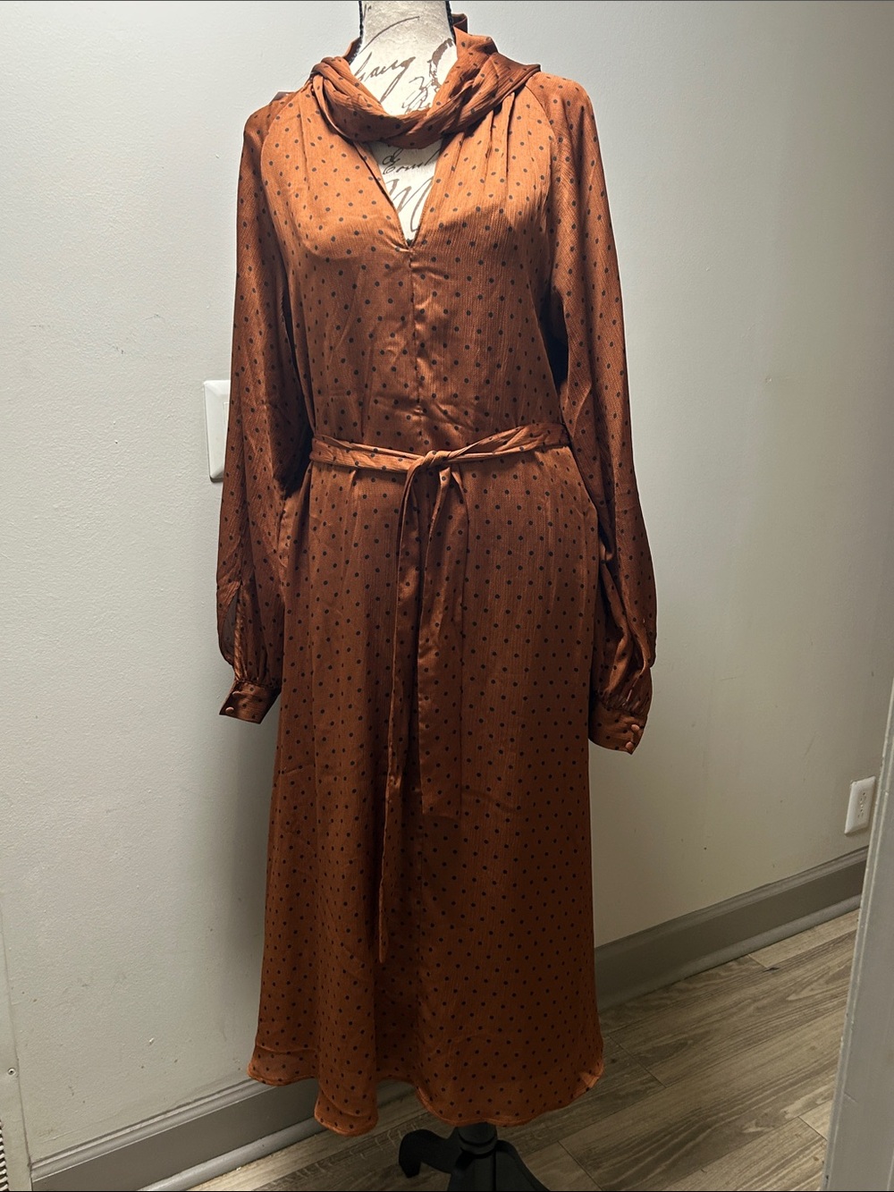 Banana Republic Rust Polka Dot Long-Sleeve Midi Dress